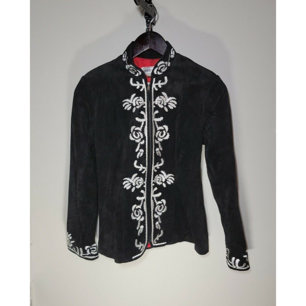 Vtg JENNI MAX NYC Size 4 Womens Black Leather Jacket White Embroidered
